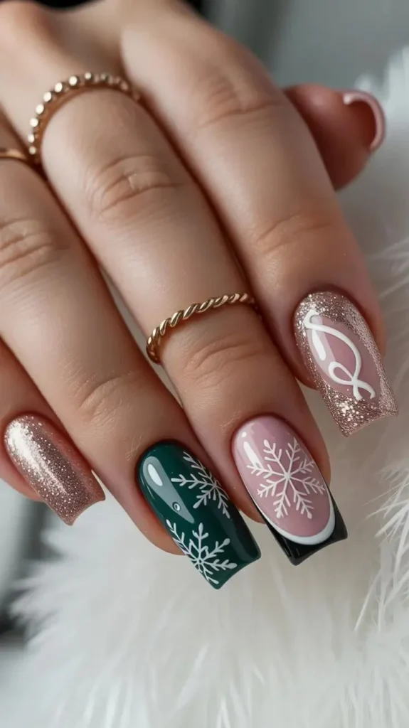 Трендовий зелений французький манікюр на новий рік 2026 зі сніжинками