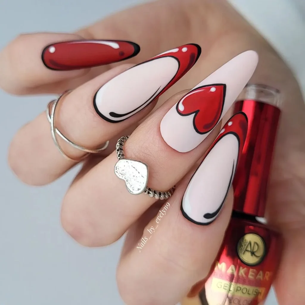Матовий дизайн нігтів на день святого Валентина в стилі Comic Nails