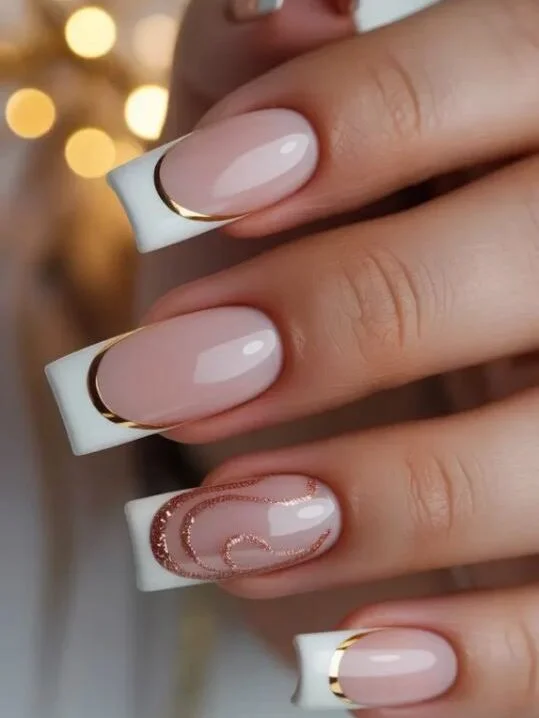 Подвійний французький дизайн нігтів із золотою смужкою