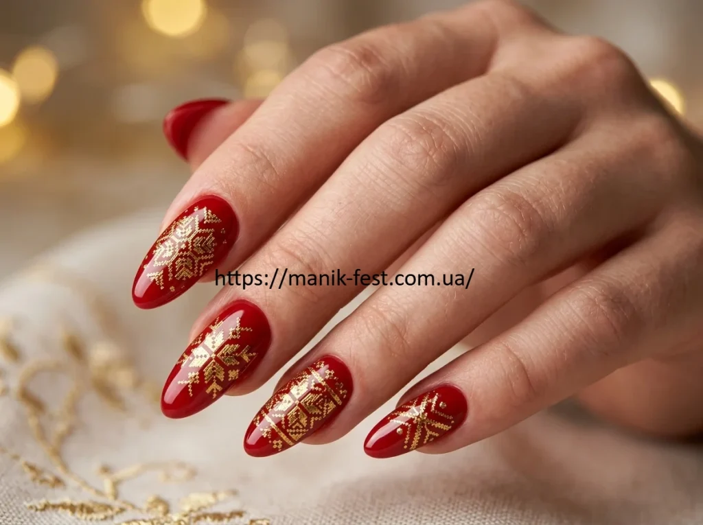Червоний манікюр у стилі вишиванки із золотим етнічним узором