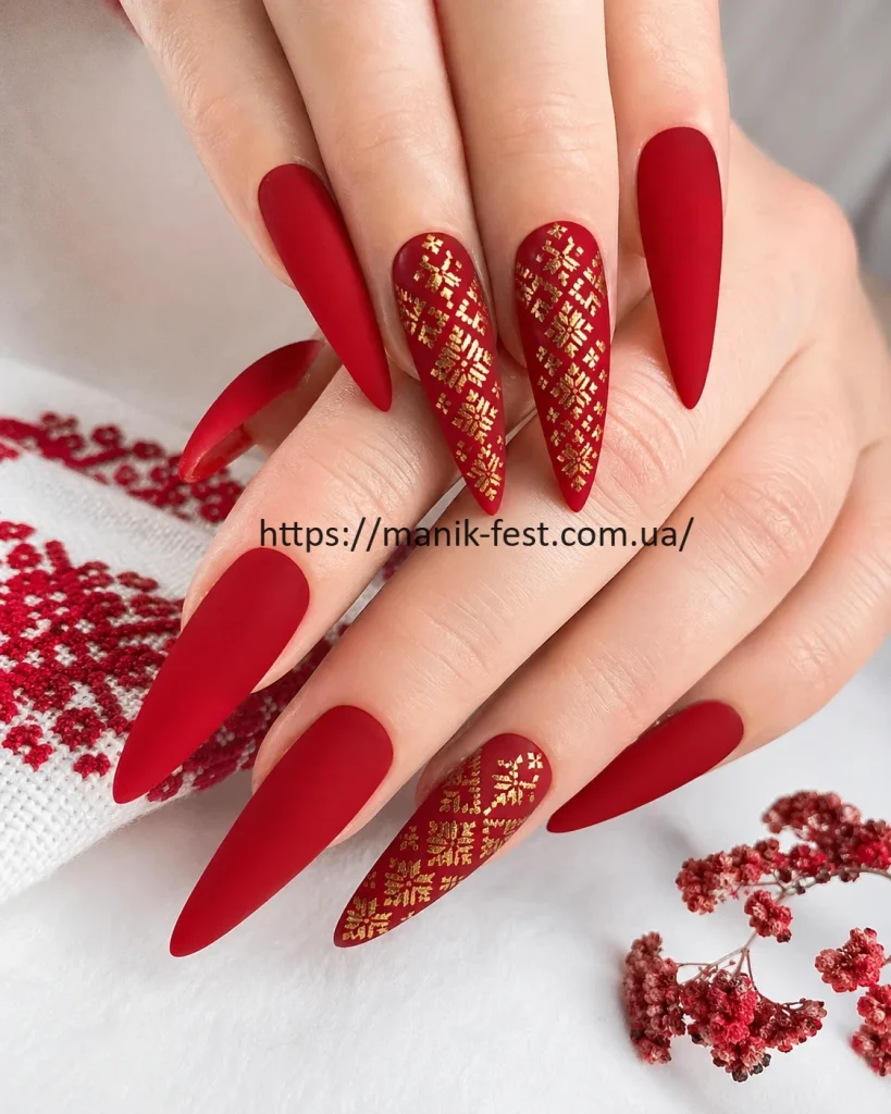 Матовий патріотичний манікюр у стилі вишиванки на довгі нігті стілет