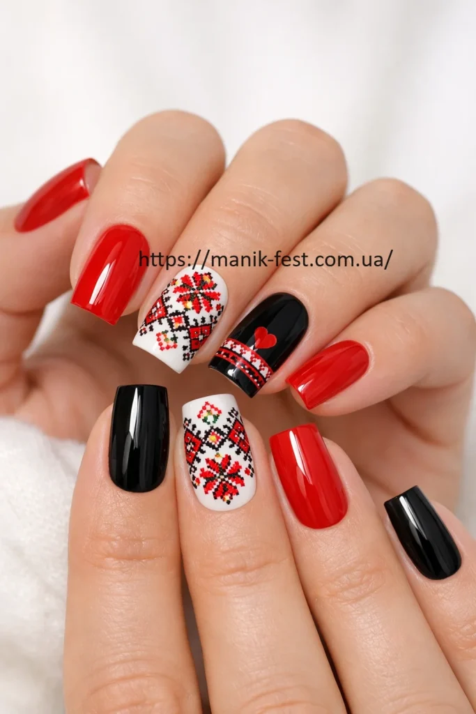 Український манікюр у стилі вишиванки в червоно-чорних кольорах