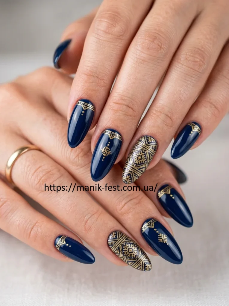 Етнічний український дизайн нігтів з вишиванкою у синьому кольорі та золотим візерунком