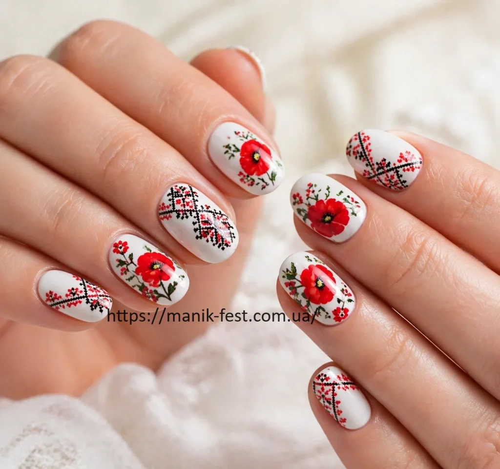 Білі нігті з вишиванкою та маками