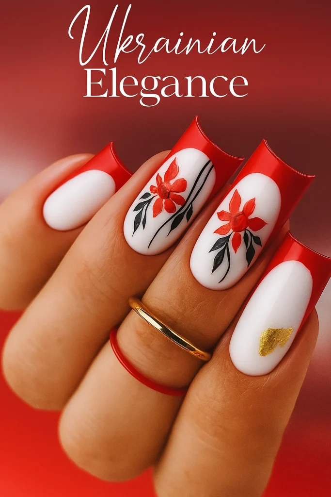Український французький манікюр з вишиванковим узором