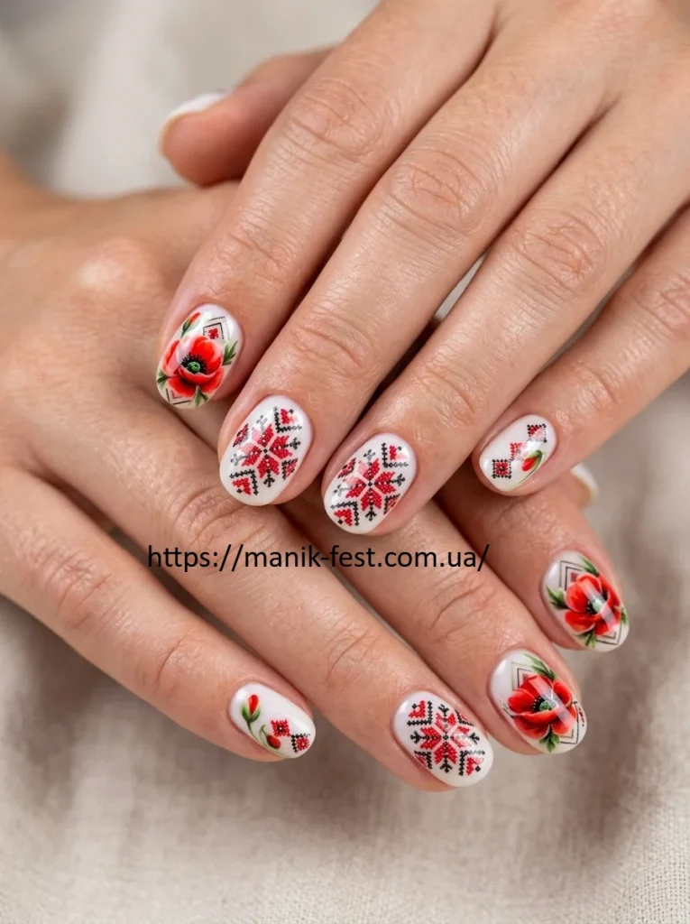 Білий дизайн нігтів з вишиванкою на короткі нігті