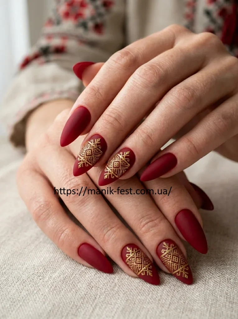 Традиційні українські червоні нігті у стилі вишиванки