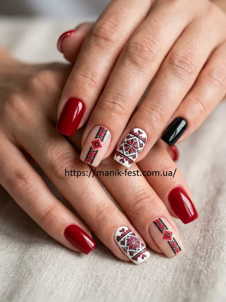 Червоно-чорний манікюр у стилі вишиванки