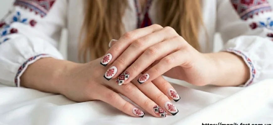 Манікюр у стилі вишиванки з червоно-чорним візерунком