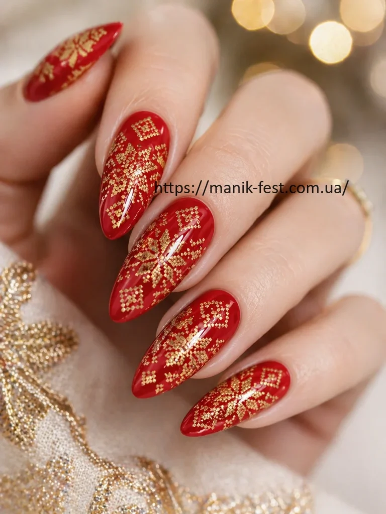 Червоні нігті вишиванка із золотим українським орнаментом